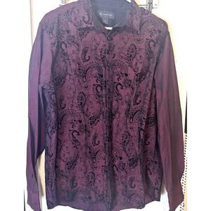 INC International Concepts Mens Button Up Shirt Burgundy Paisley Velvet Sz L